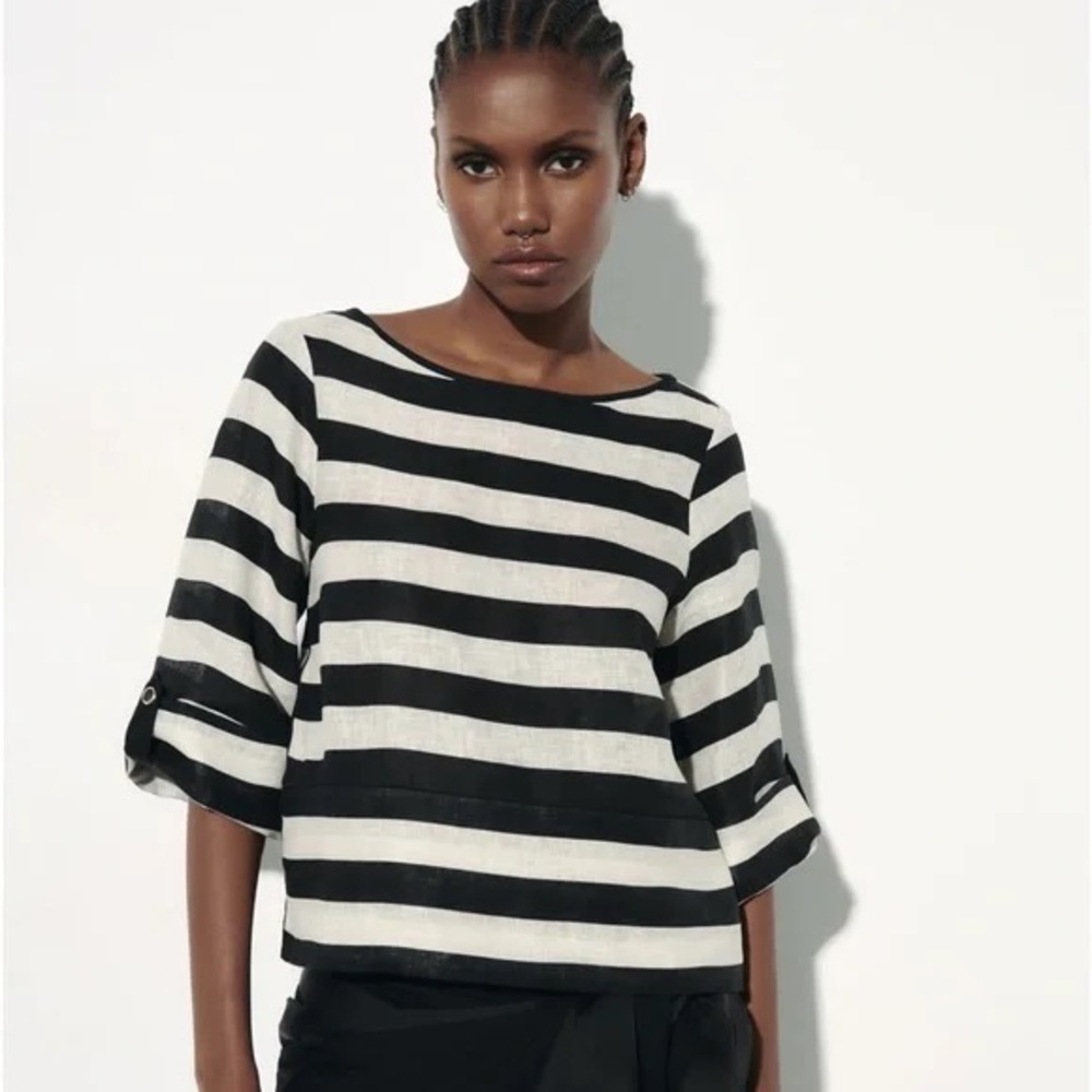 ZARA Black and White Striped 100% Linen Top